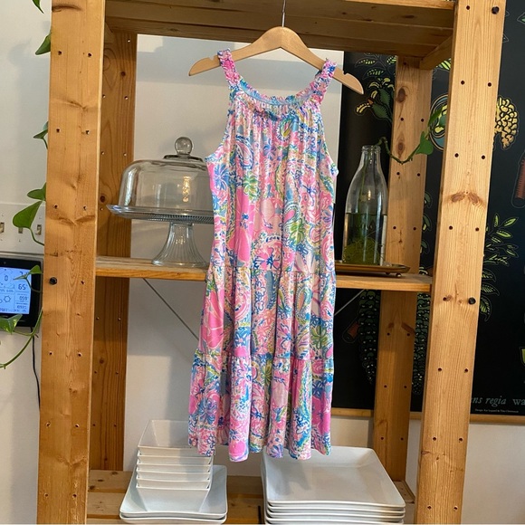 Lilly Pulitzer Colorful Flocks Full of Fun Floral Flamingo Print Loro Dress L - Picture 2 of 12